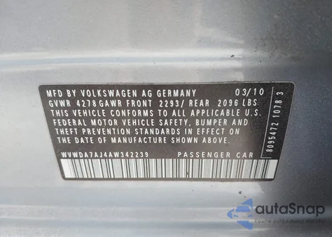 2010 Volkswagen Golf 4-Door из США, поврежденный, VIN WVWDA7AJ4AW342239